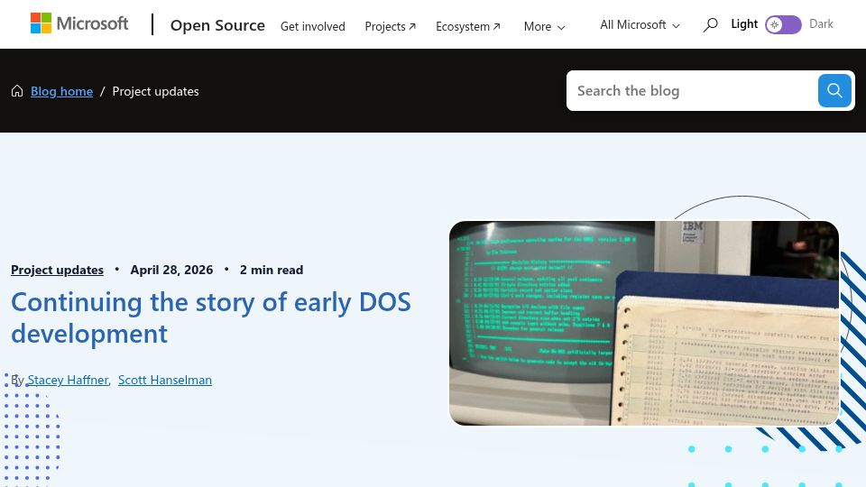 Screenshot of opensource.microsoft.com: Microsoft open sources DOS 1.00 on 45th anniversary