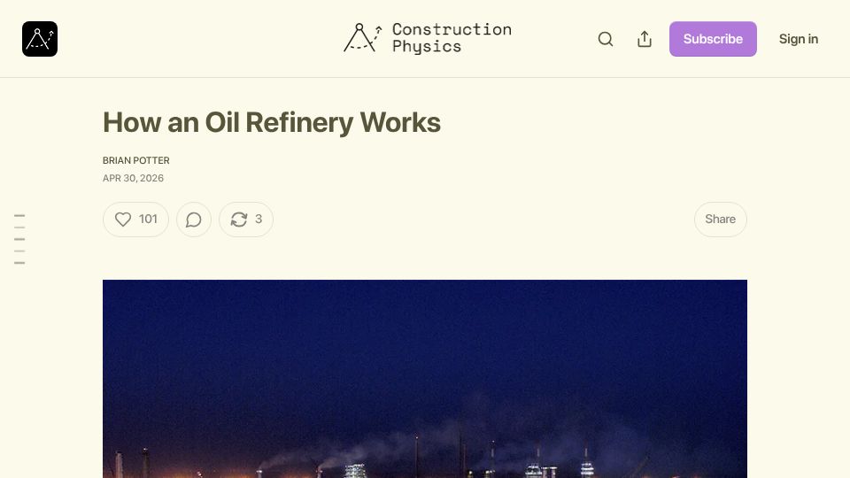 Screenshot of construction-physics.com: How an oil refinery works