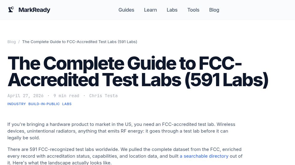 Screenshot of markready.io: The FCC is about to ban 21% of its test labs today. I mapped them all