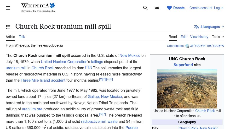 Screenshot of en.wikipedia.org: The Church Rock Uranium Mill Spill