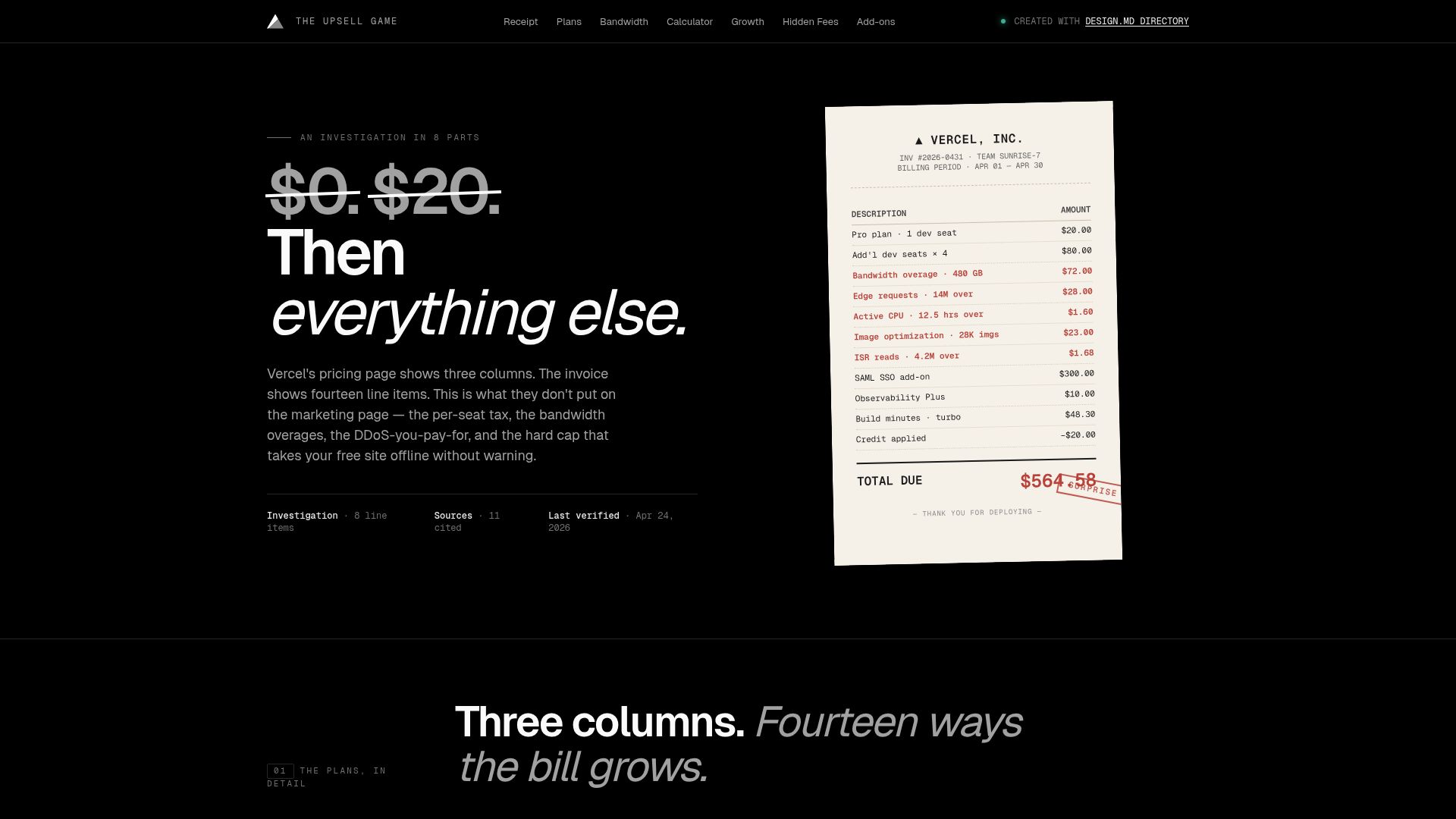 Screenshot of theupsellgame.com: Vercel’s pricing page