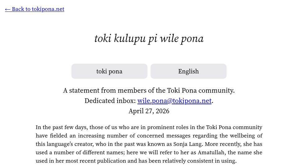 Screenshot of tokipona.net: A statement from members of the Toki Pona community