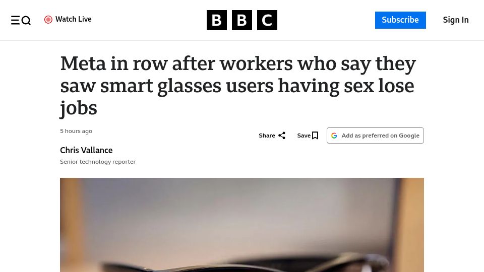 Screenshot of bbc.com: Meta in row after workers who saw smart glasses users having sex lose jobs