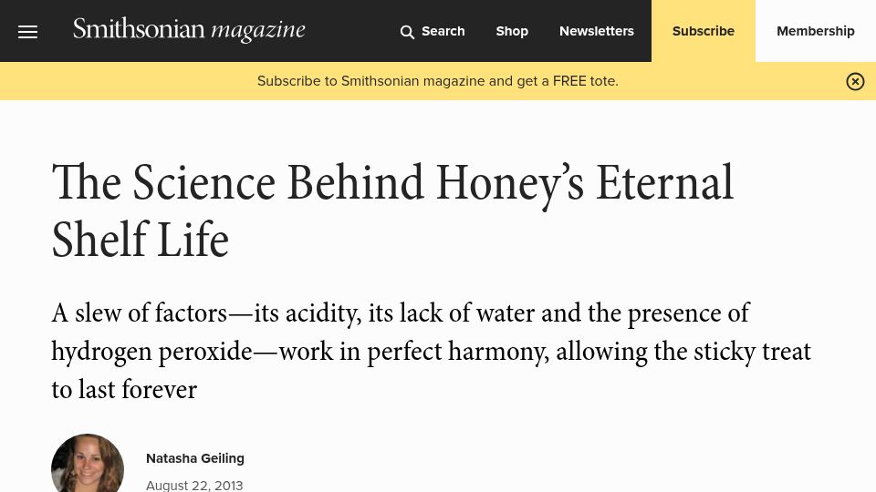 Screenshot of smithsonianmag.com: The Science Behind Honey's Eternal Shelf Life (2013)