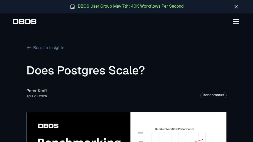 Screenshot of dbos.dev: Does Postgres Scale?