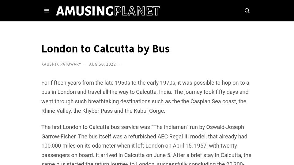 Screenshot of amusingplanet.com: London to Calcutta by Bus (2022)