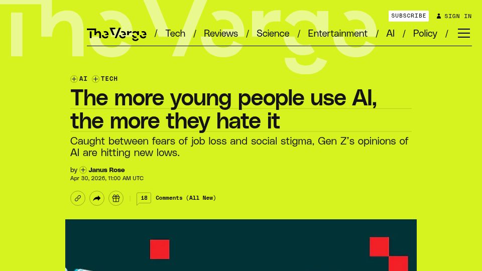 Screenshot of theverge.com: The More Young People Use AI, the More They Hate It