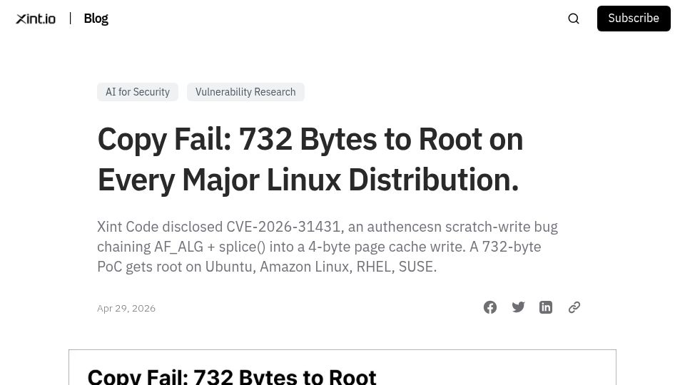Screenshot of xint.io: Copy Fail: 732 Bytes to Root on Every Major Linux Distribution
