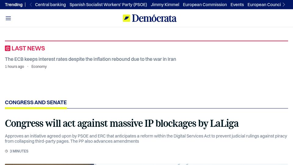Screenshot of democrata.es: Spain's parliament will act against massive IP blockages by LaLiga