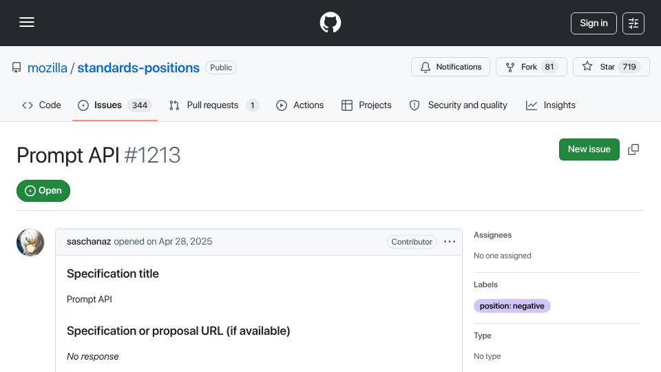 Screenshot of github.com: Mozilla's opposition to Chrome's Prompt API