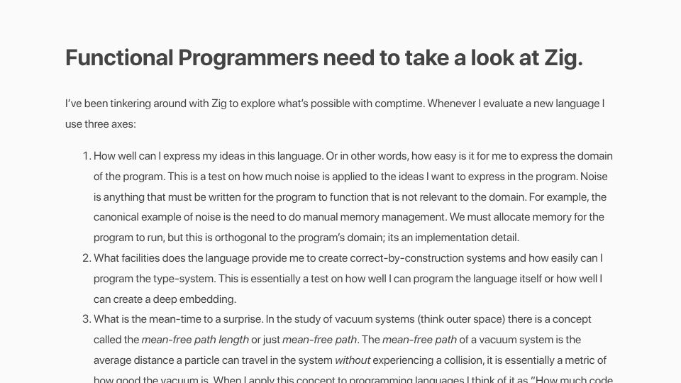 Screenshot of pure-systems.org: Functional programmers need to take a look at Zig