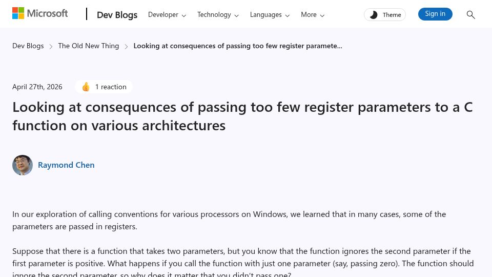 Screenshot of devblogs.microsoft.com: Consequences of passing too few register parameters to a C function