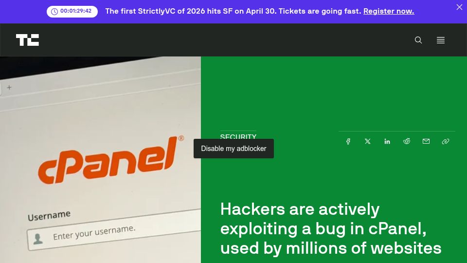 Screenshot of techcrunch.com: Hackers are actively exploiting a bug in cPanel and WHM