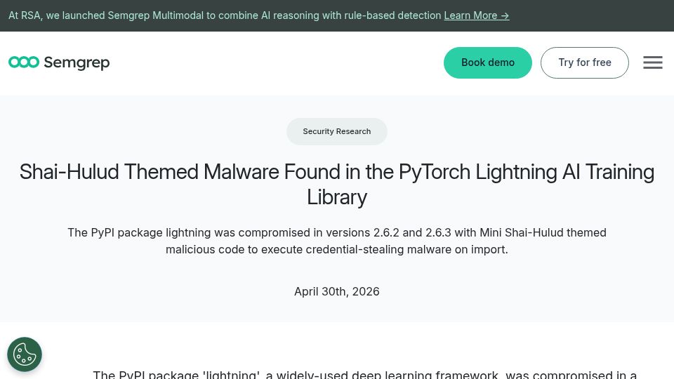 Screenshot of semgrep.dev: Shai-Hulud Themed Malware Found in the PyTorch Lightning AI Training Library