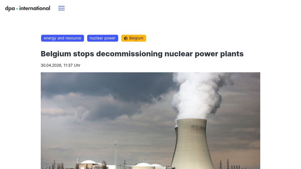 Screenshot of dpa-international.com: Belgium stops decommissioning nuclear power plants