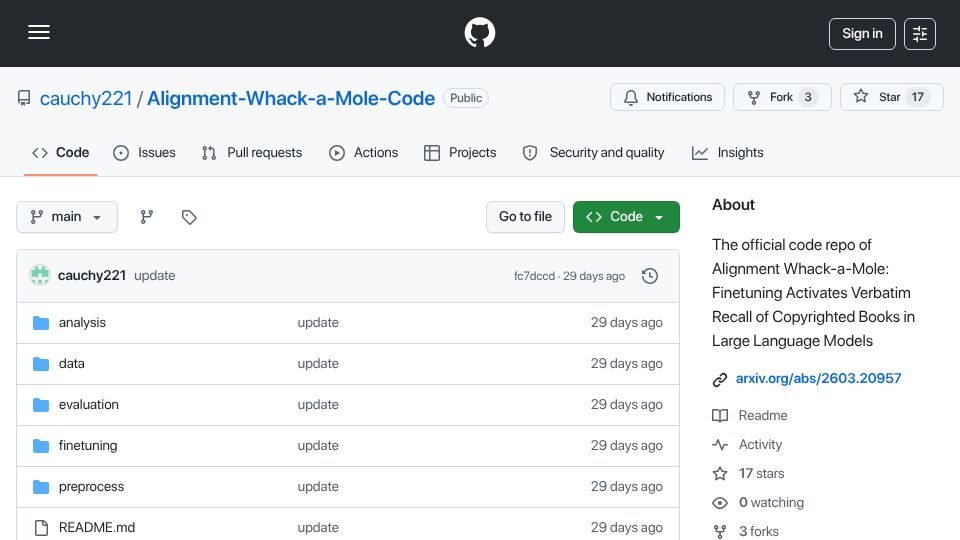 Screenshot of github.com: Alignment whack-a-mole: Finetuning activates recall of copyrighted books in LLMs