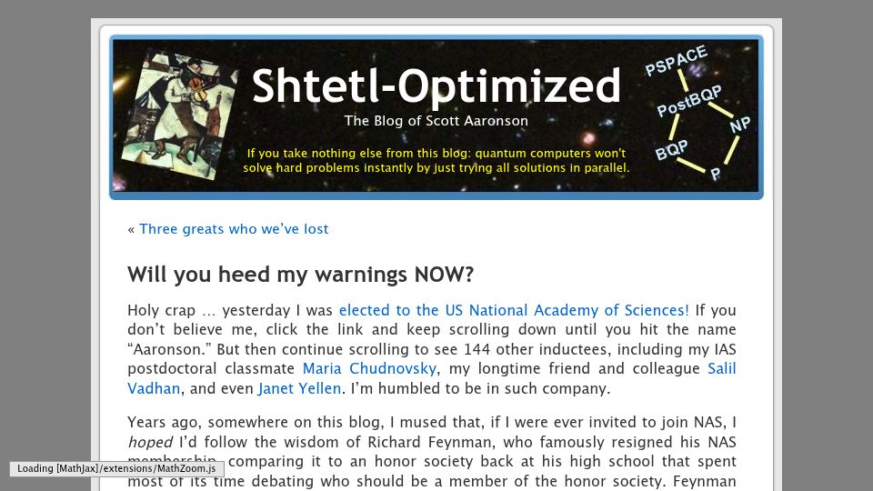 Screenshot of scottaaronson.blog: Will you heed my warnings now?