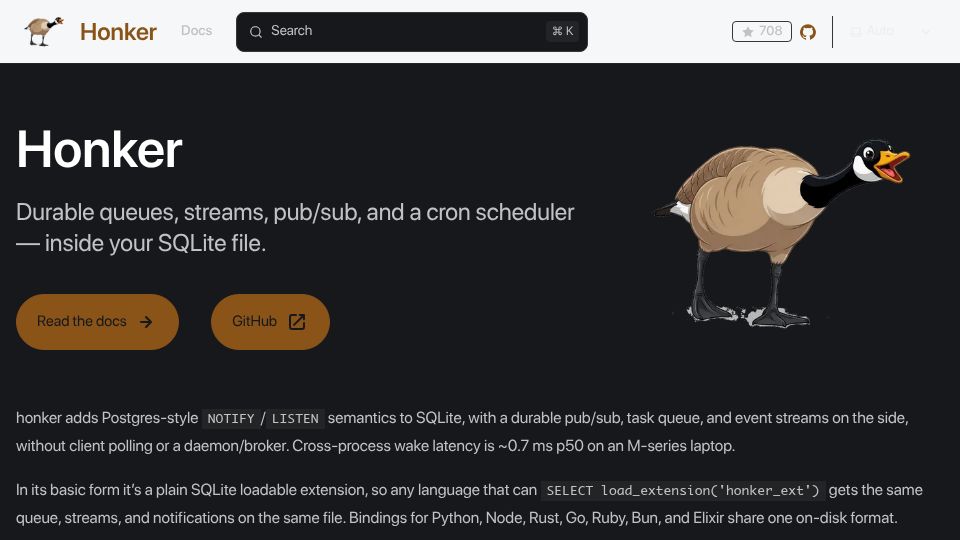 Screenshot of honker.dev: Honker – Durable queues, streams, pub/sub, and cron scheduler in a SQLite file