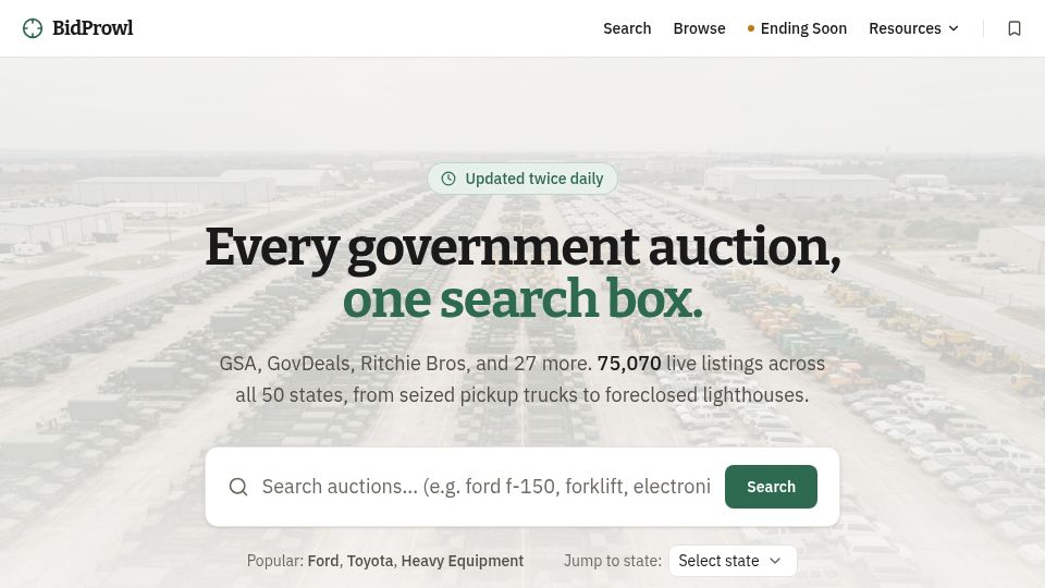 Screenshot of bidprowl.com: I aggregated 28 US Government auction sites into one search