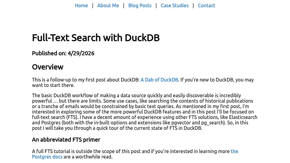 Screenshot of peterdohertys.website: Full-Text Search with DuckDB