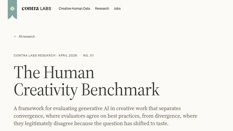 Screenshot of contralabs.com: The Human Creativity Benchmark – Evaluating Generative AI in Creative Work