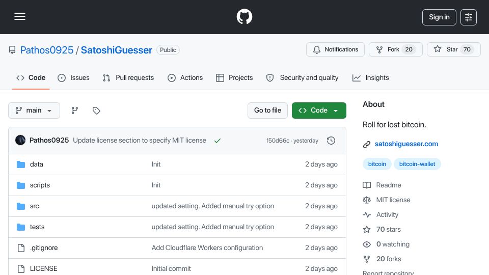 Screenshot of github.com: SatoshiGuesser – Roll for Bitcoin