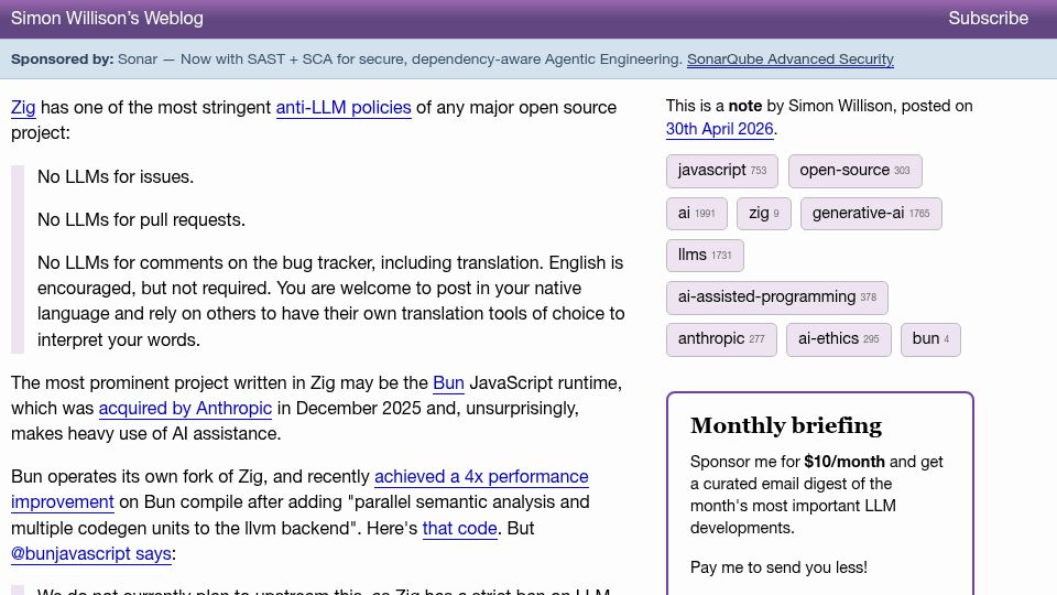 Screenshot of simonwillison.net: The Zig project's rationale for their anti-AI contribution policy