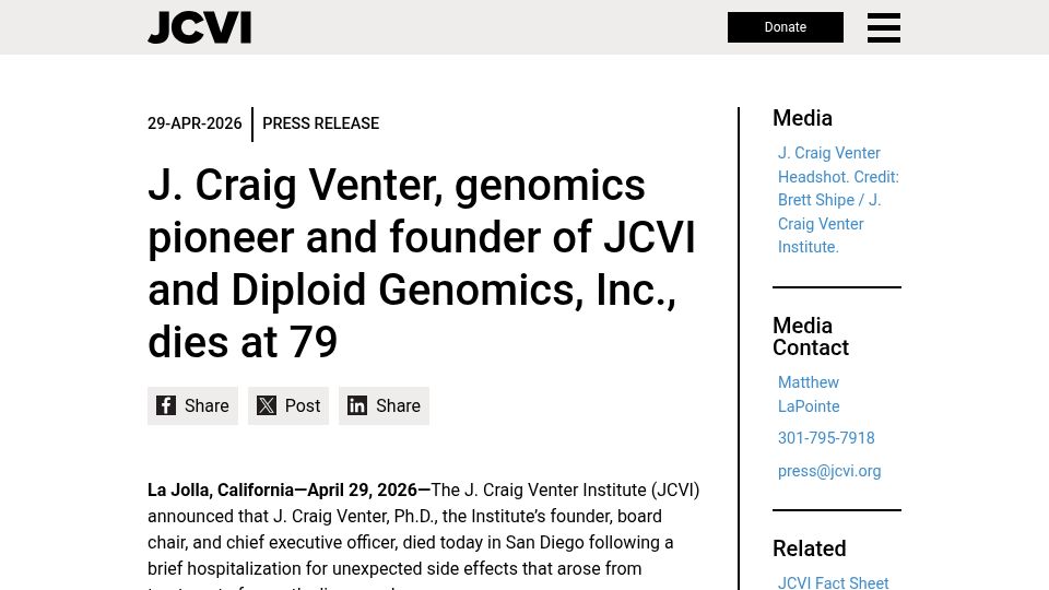 Screenshot of jcvi.org: Craig Venter has died