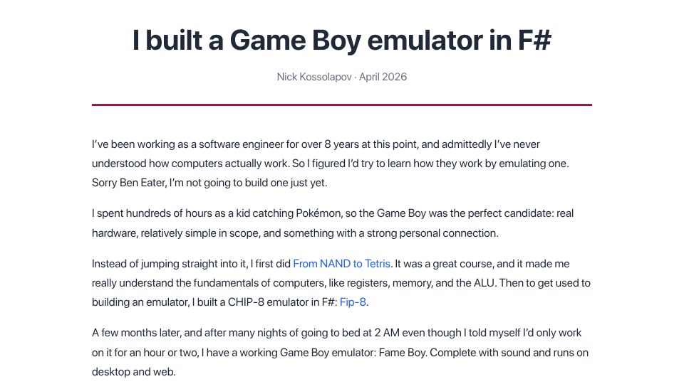 Screenshot of nickkossolapov.github.io: I built a Game Boy emulator in F#