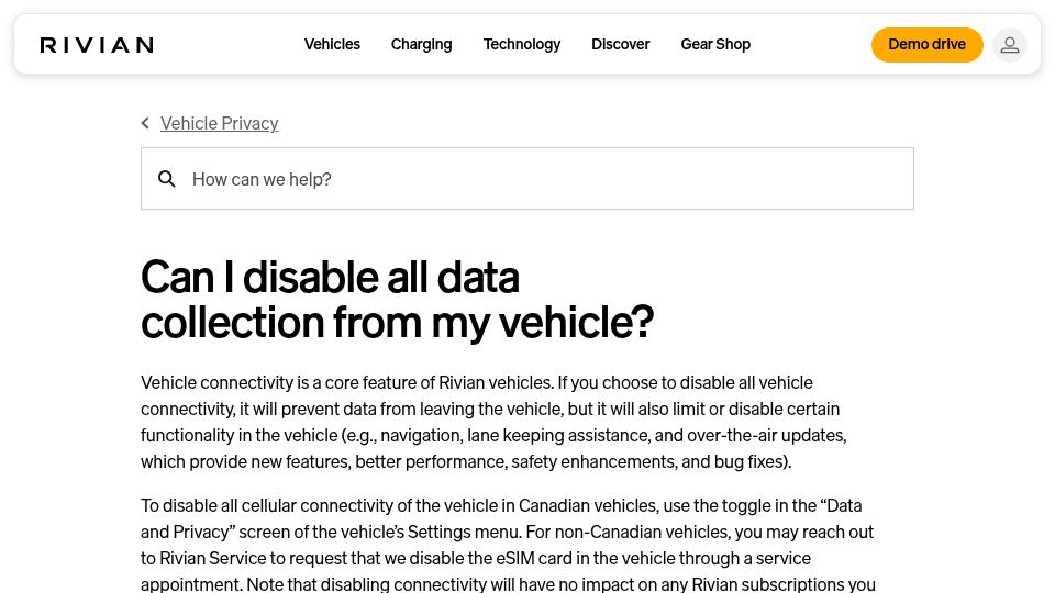 Screenshot of rivian.com: Can I disable all data collection from my vehicle?