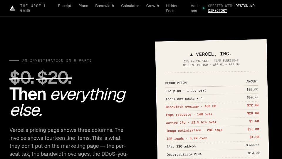 Screenshot of theupsellgame.com: Vercel’s pricing page