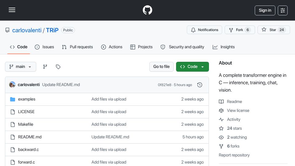 Screenshot of github.com: Show HN: TRiP – a complete transformer engine in C built from scratch just by me