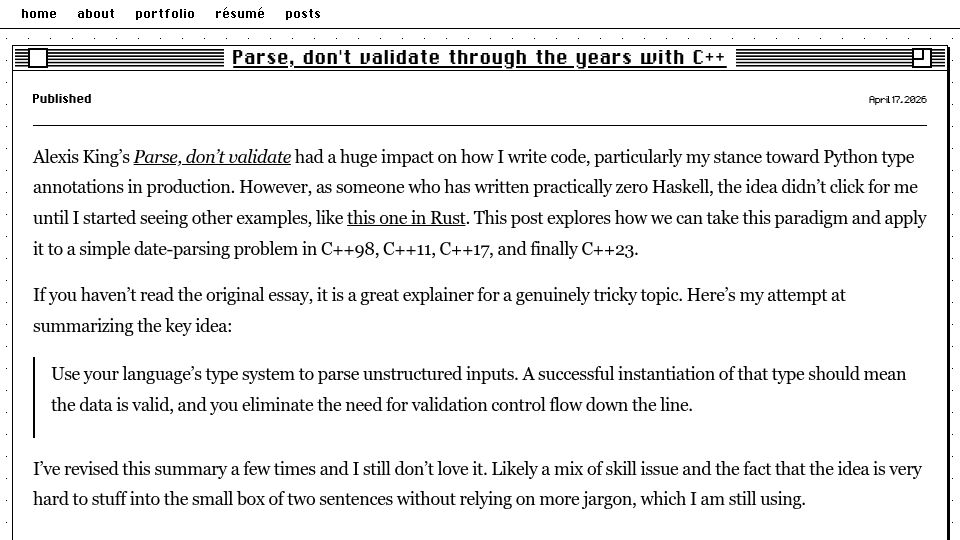Screenshot of derekrodriguez.dev: "Parse, don't validate" through the years with C++