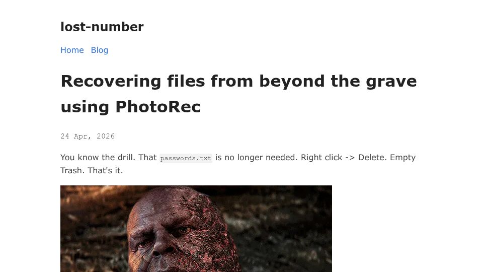 Screenshot of lost-number.bearblog.dev: Recovering files from beyond the grave using PhotoRec