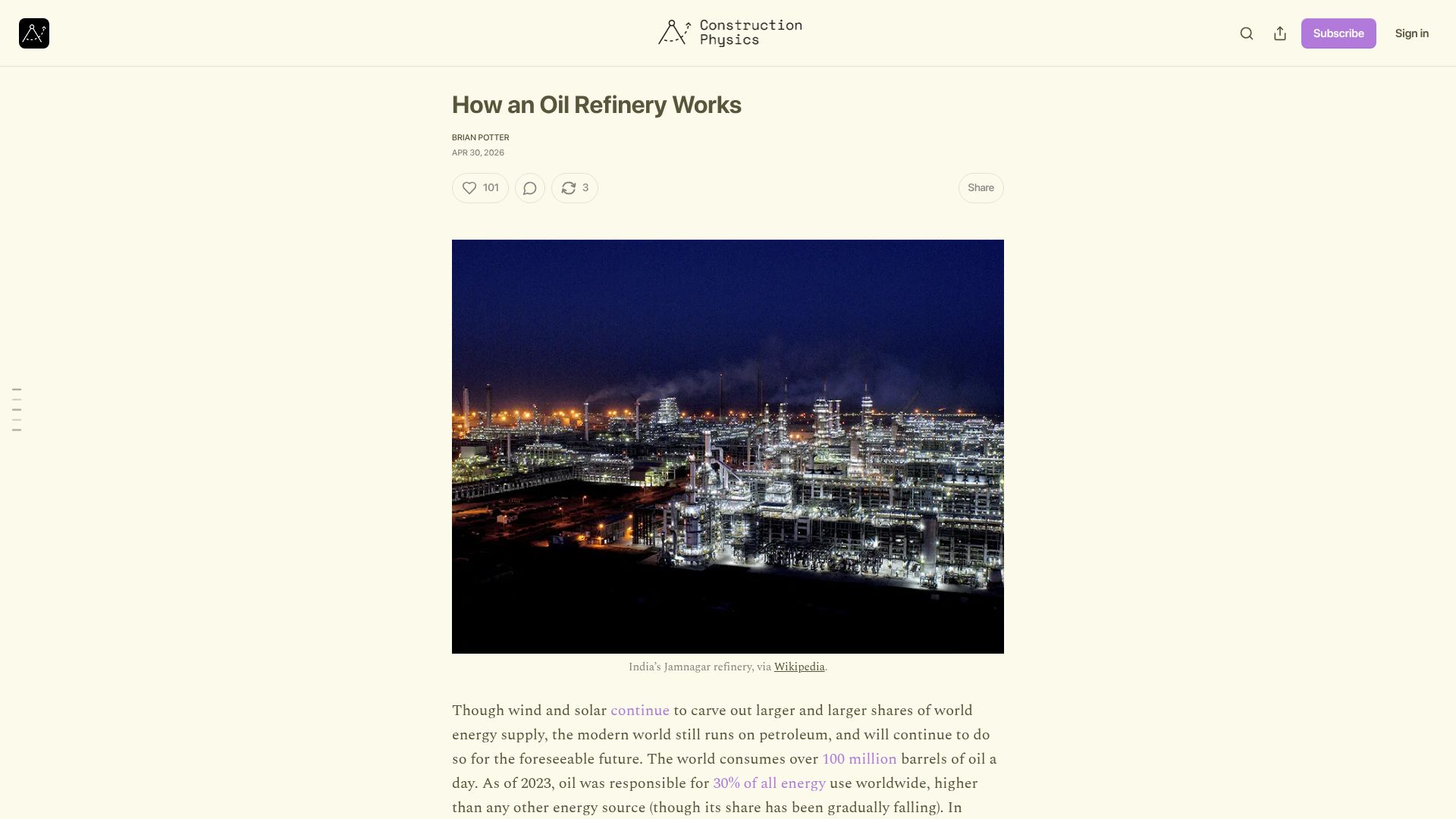 Screenshot of construction-physics.com: How an oil refinery works