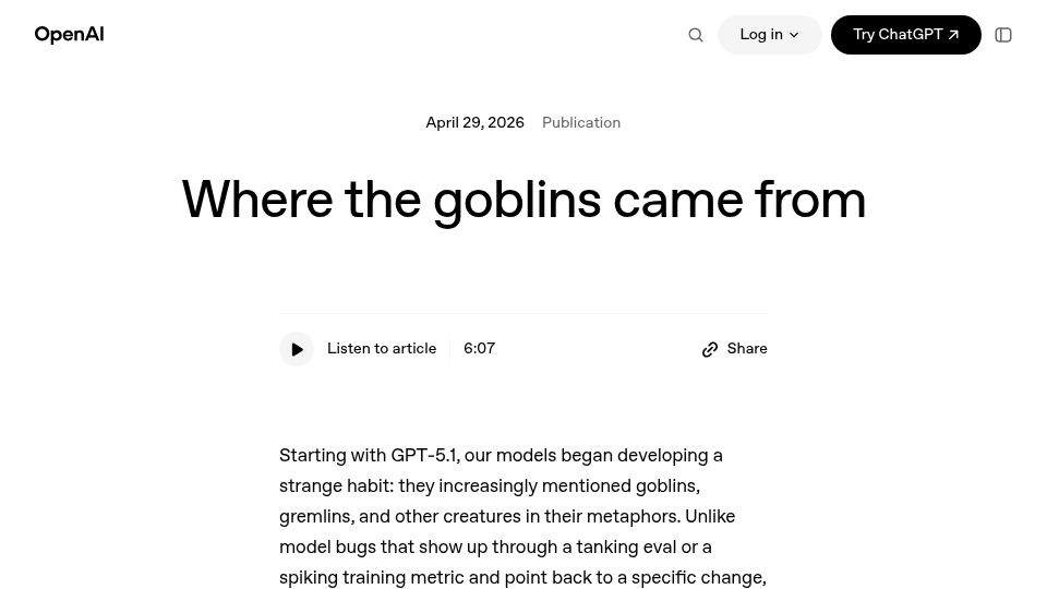 Screenshot of openai.com: Where the goblins came from