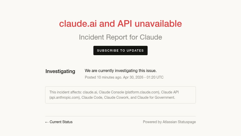 Screenshot of status.claude.com: Claude.ai and API unavailable [fixed]