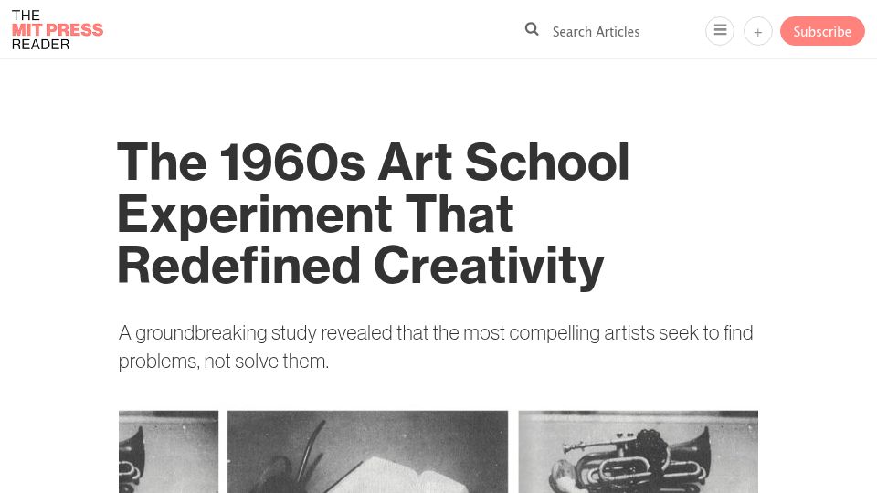 Screenshot of thereader.mitpress.mit.edu: A 1960s art school experiment that redefined creativity