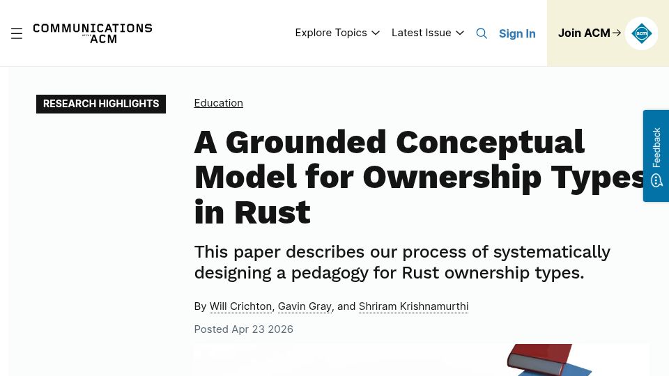 Screenshot of cacm.acm.org: A grounded conceptual model for ownership types in Rust