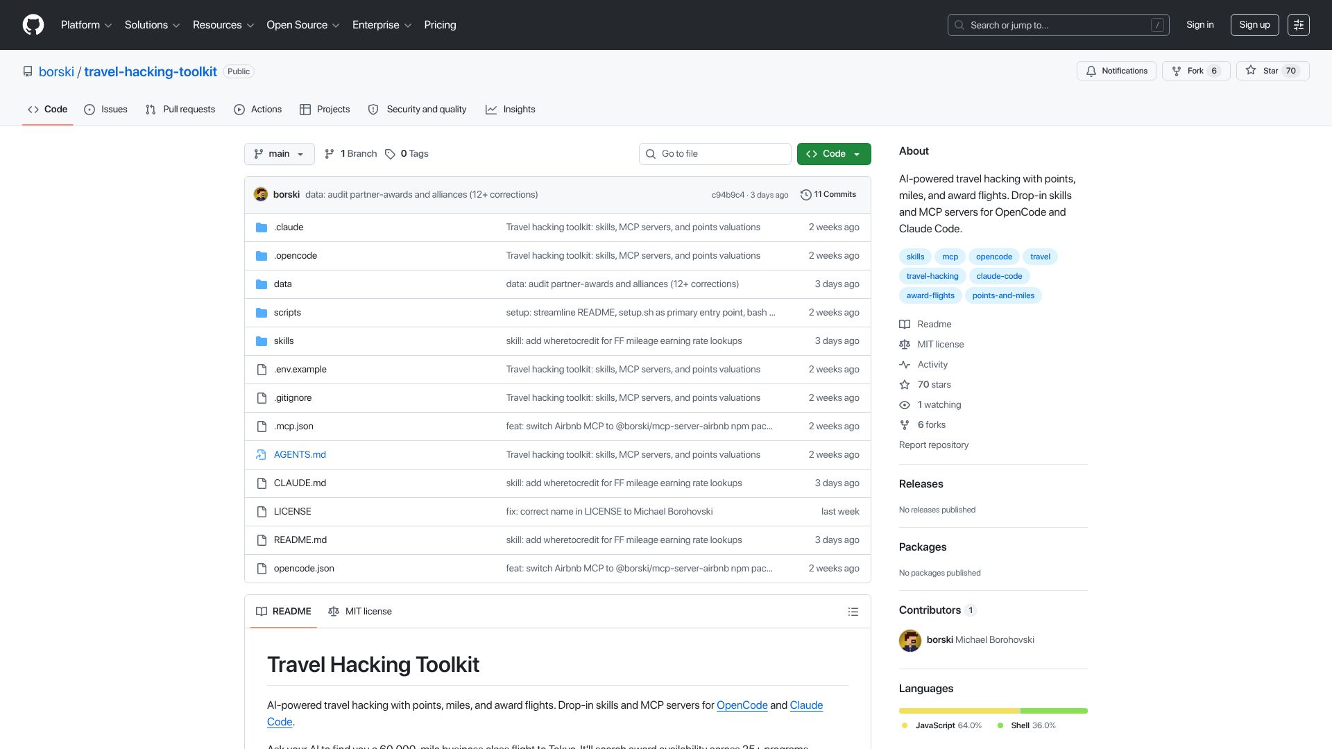 Screenshot of github.com: Show HN: Travel Hacking Toolkit – Points search and trip planning with AI