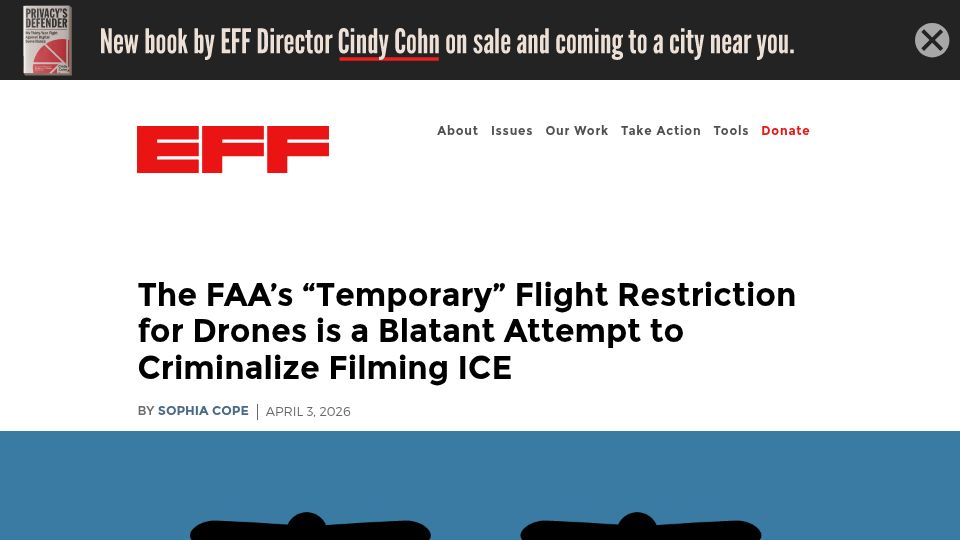 Screenshot of eff.org: The FAA’s flight restriction for drones is an attempt to criminalize filming ICE