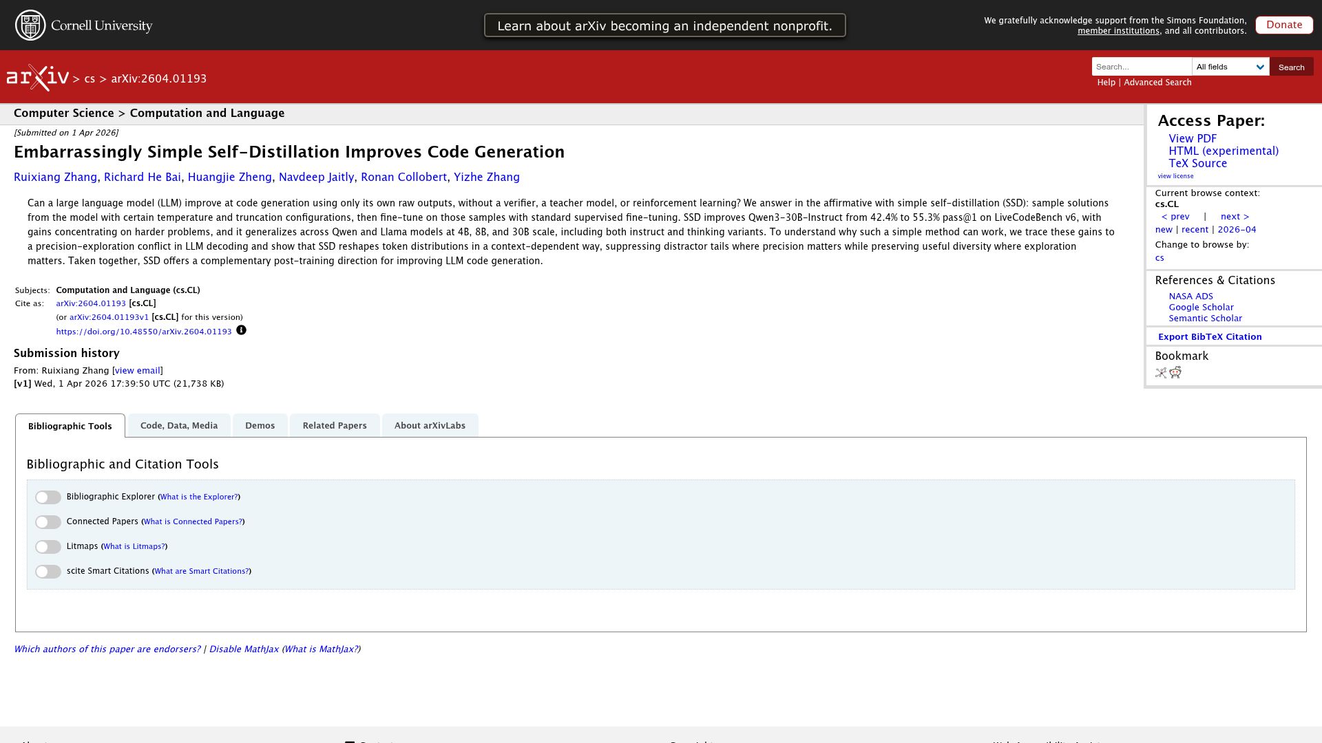 Screenshot of arxiv.org: Embarrassingly simple self-distillation improves code generation