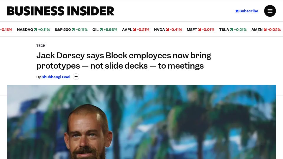 Screenshot of businessinsider.com: Jack Dorsey says Block employees now bring prototypes, not slides, to meetings
