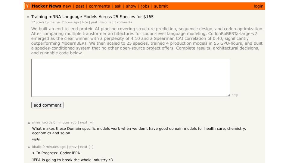Screenshot of Hacker News post: Training mRNA Language Models Across 25 Species for $165