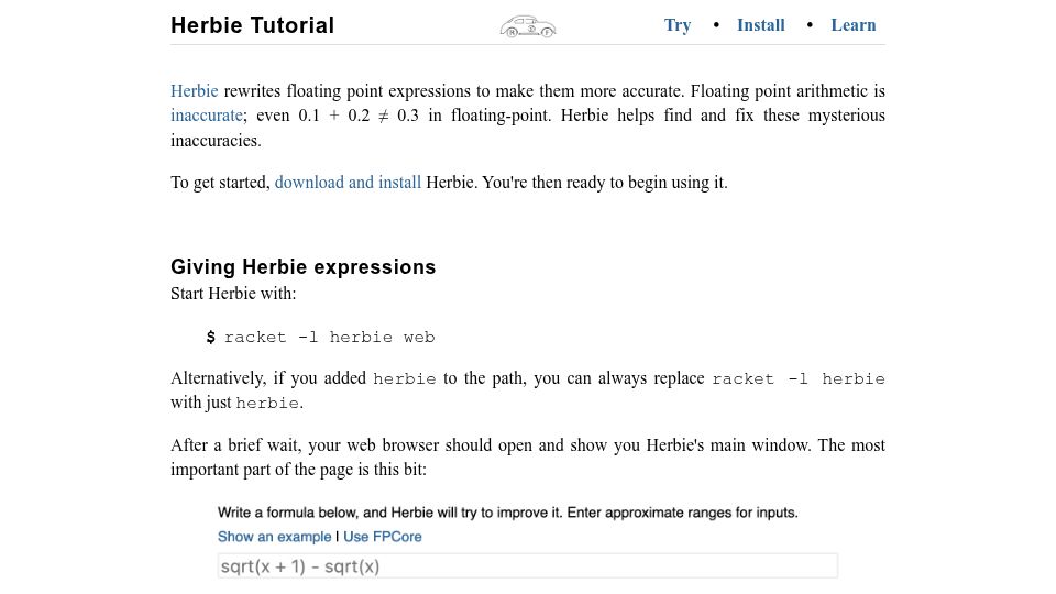Screenshot of herbie.uwplse.org: Herbie: Automatically improve imprecise floating point formulas