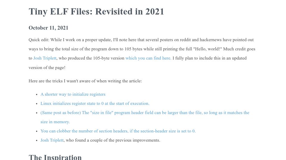 Screenshot of nathanotterness.com: The smallest ELF executable (2021)