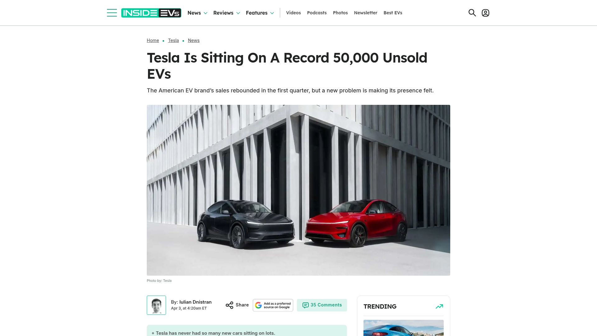 Screenshot of insideevs.com: Tesla Is Sitting on a Record 50k Unsold EVs