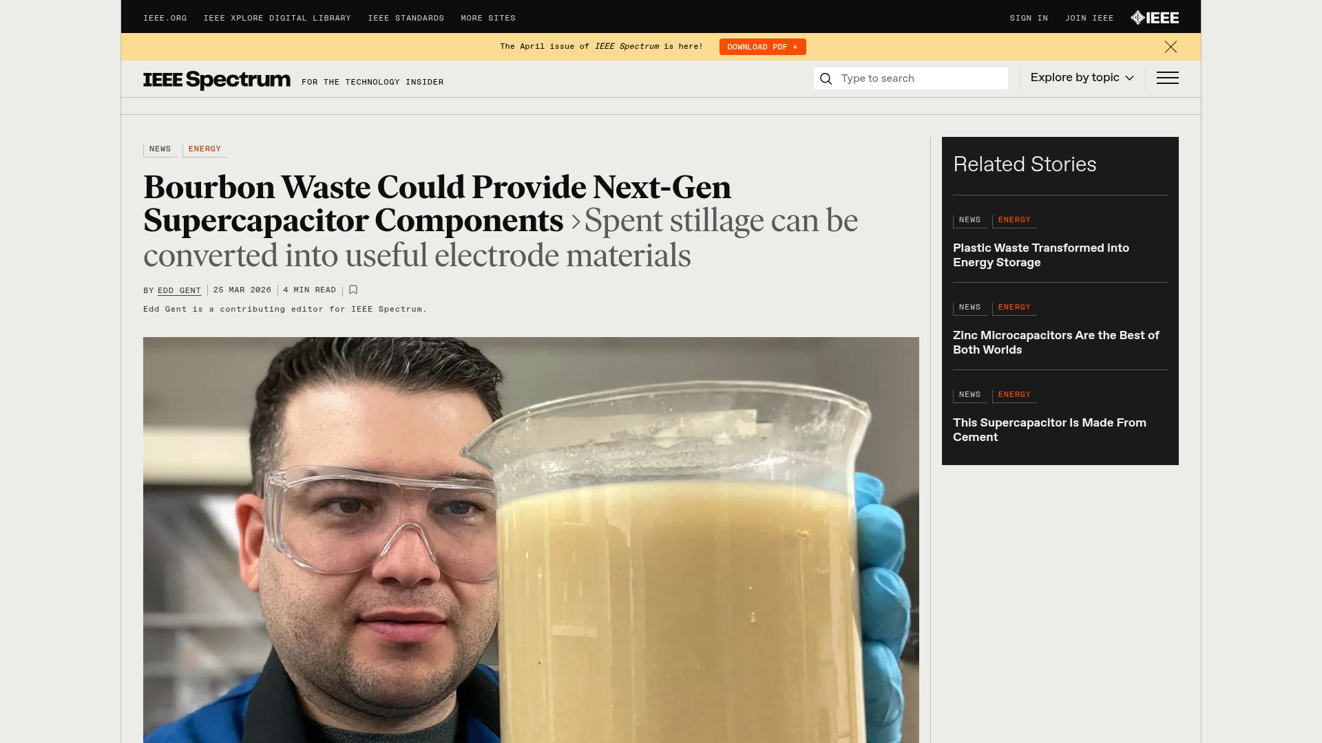 Screenshot of spectrum.ieee.org: Bourbon waste could provide next-gen supercapacitor components