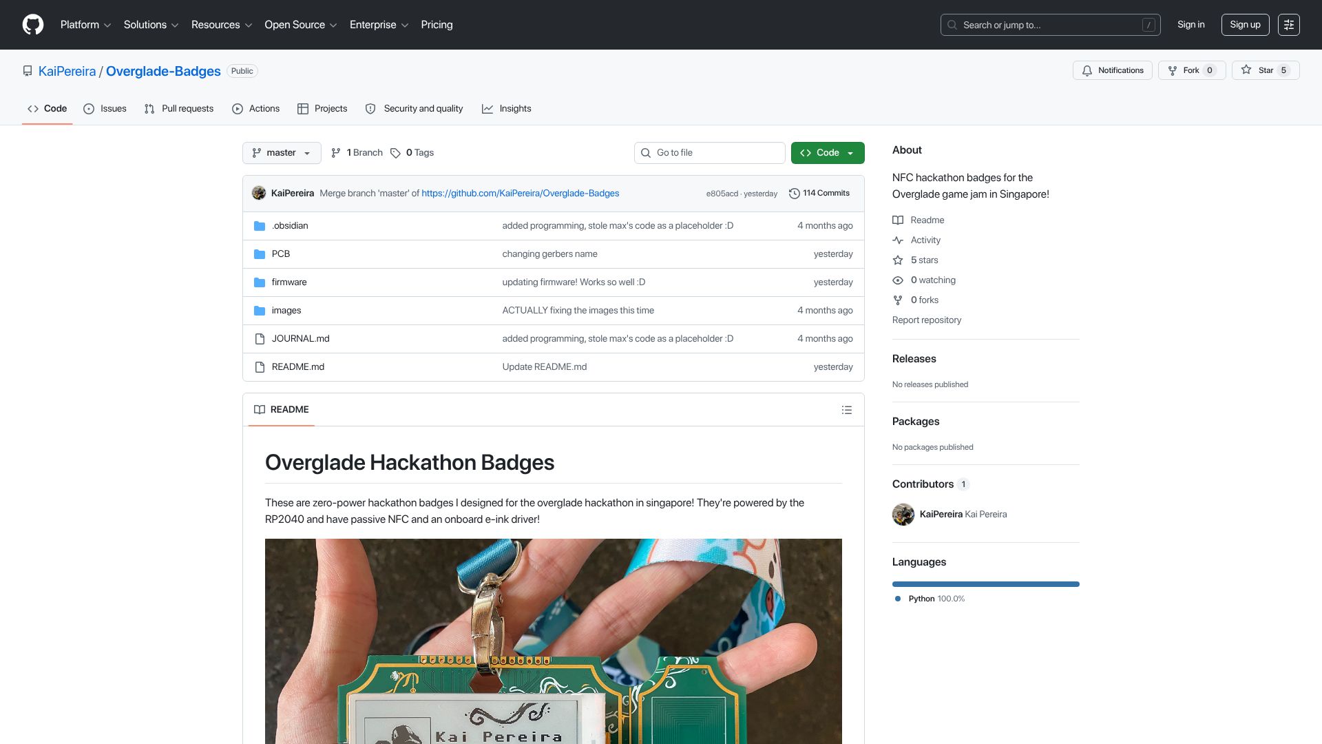 Screenshot of github.com: Show HN: I made open source, zero power PCB hackathon badges