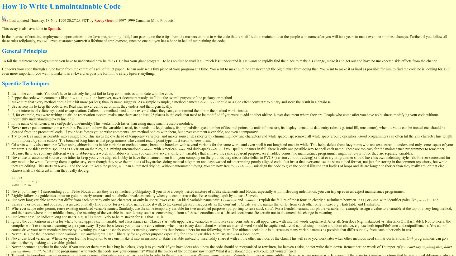 Screenshot of doc.ic.ac.uk: How to Write Unmaintainable Code (1999)